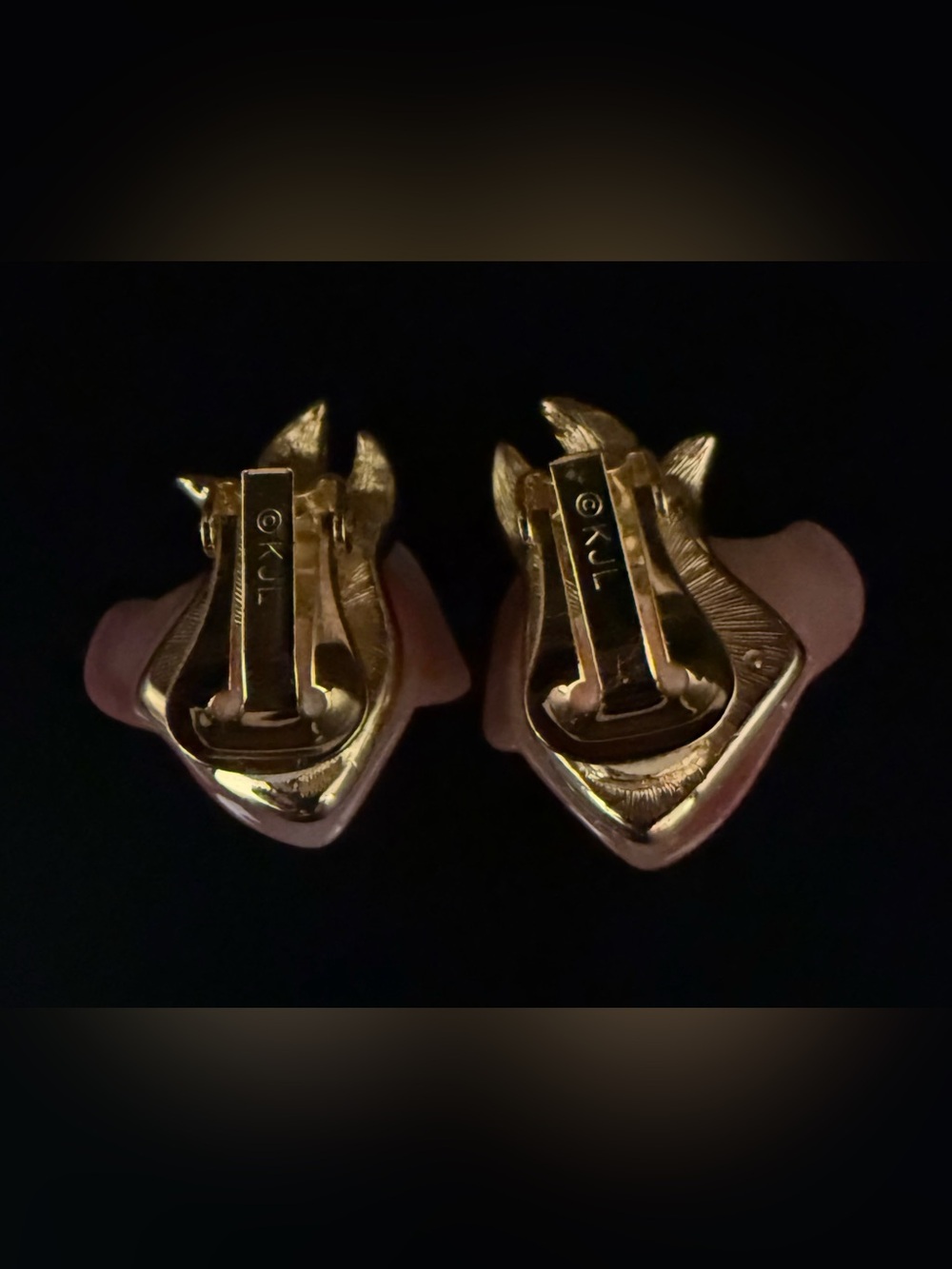 Kenneth Jay Lane Acrylic Peach Rosebud Earrings-Crystal Embellished Black Leaves - Picture 5 of 5